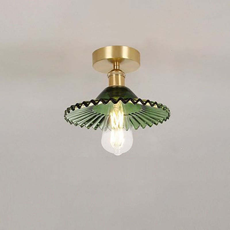 Japanese Vintage Brass Lotus Glass Semi-Flush Ceiling Light