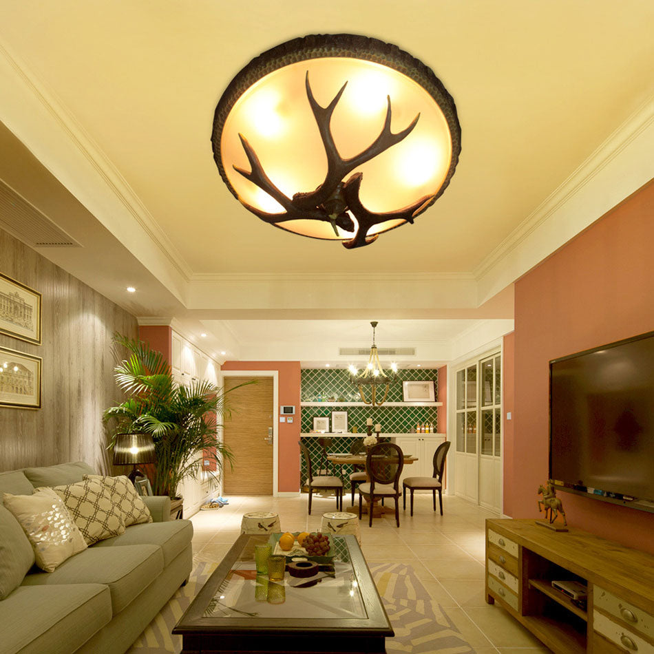 Vintage Industrial Antler Resin Glass Flush Ceiling Light