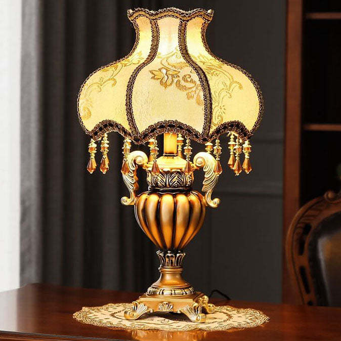 European Vintage Fabric Beaded Resin Base Palace Table Lamp — Dimmer Switch / 110V-120V For US/CA