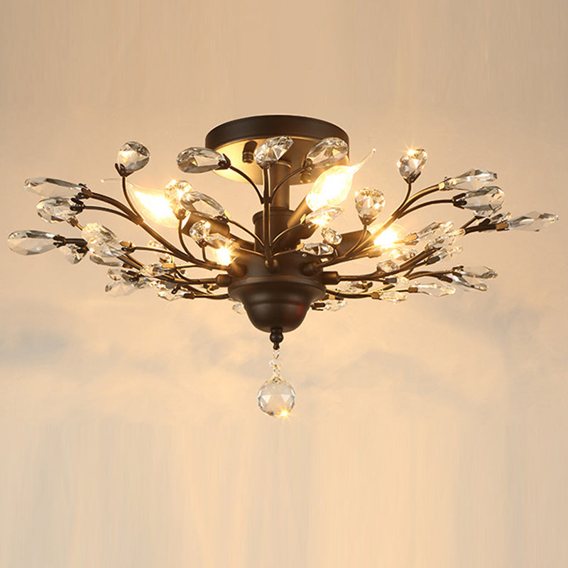 European Branch Iron Crystal Semi-Flush Ceiling Light