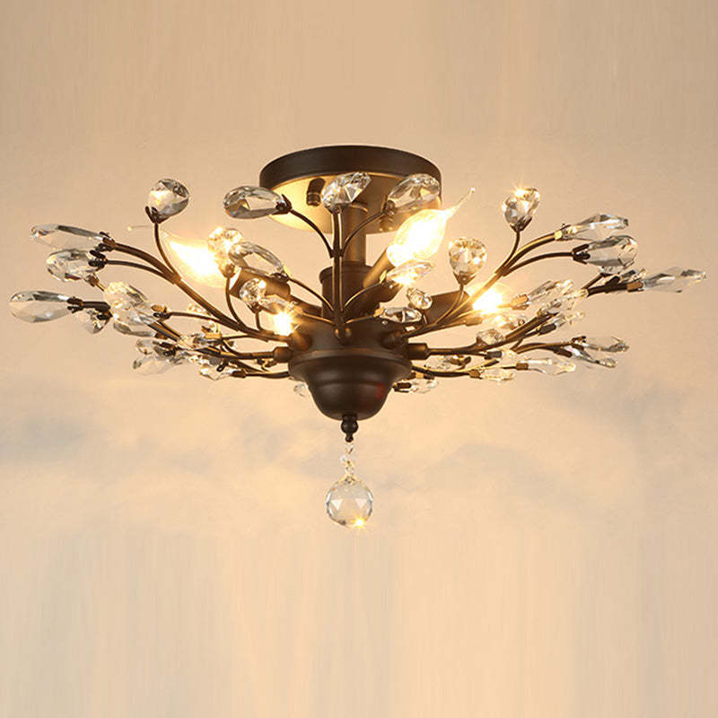 European Branch Iron Crystal Semi-Flush Ceiling Light