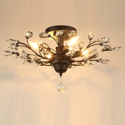 European Branch Iron Crystal Semi-Flush Ceiling Light