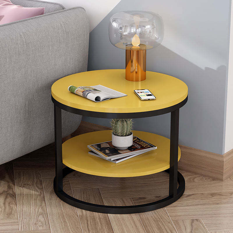 Modern Round Wood Iron 2-Tier Side Table — Black Panel + Black Frame
