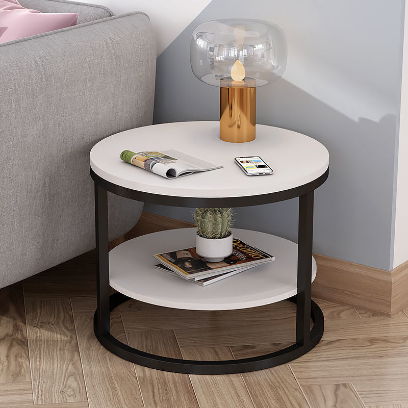 Modern Round Wood Iron 2-Tier Side Table — Wood Color Panel + Black Frame