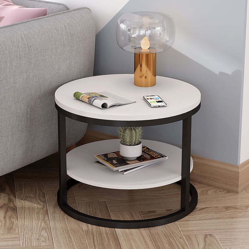 Modern Round Wood Iron 2-Tier Side Table — Wood Color Panel + Black Frame