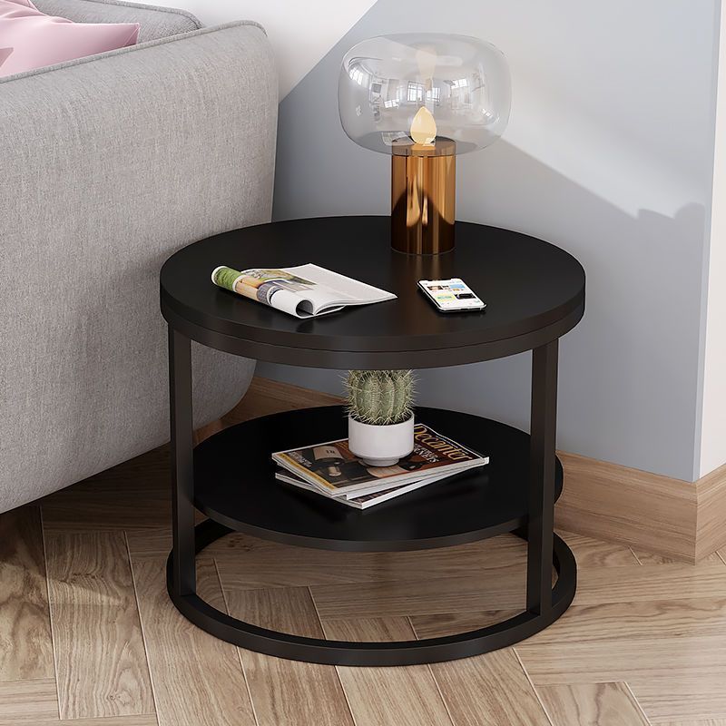 Modern Round Wood Iron 2-Tier Side Table — Black Panel + White Frame