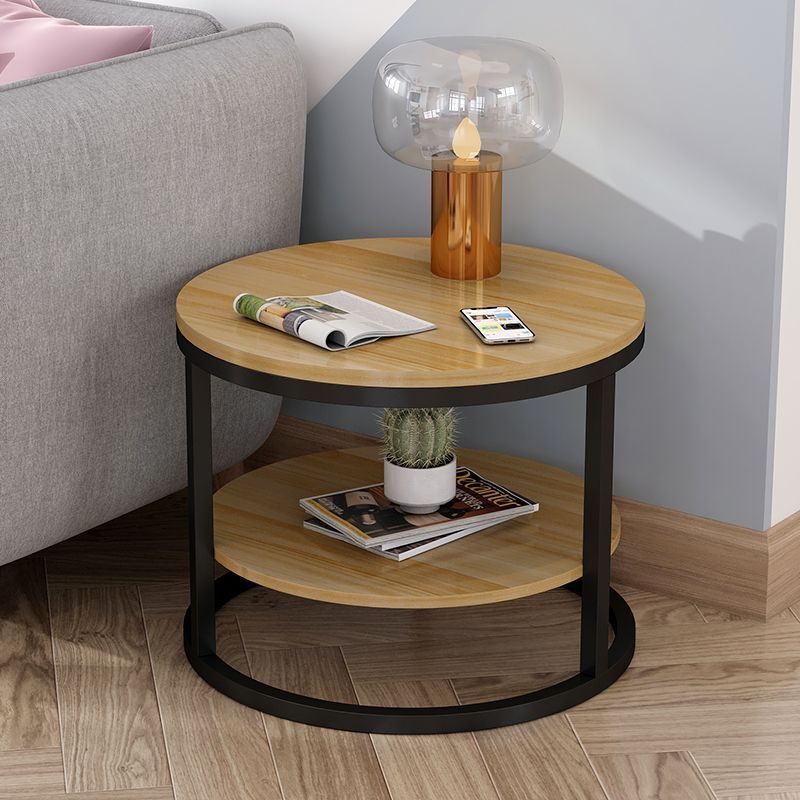 Modern Round Wood Iron 2-Tier Side Table — Yellow Panel + White Frame