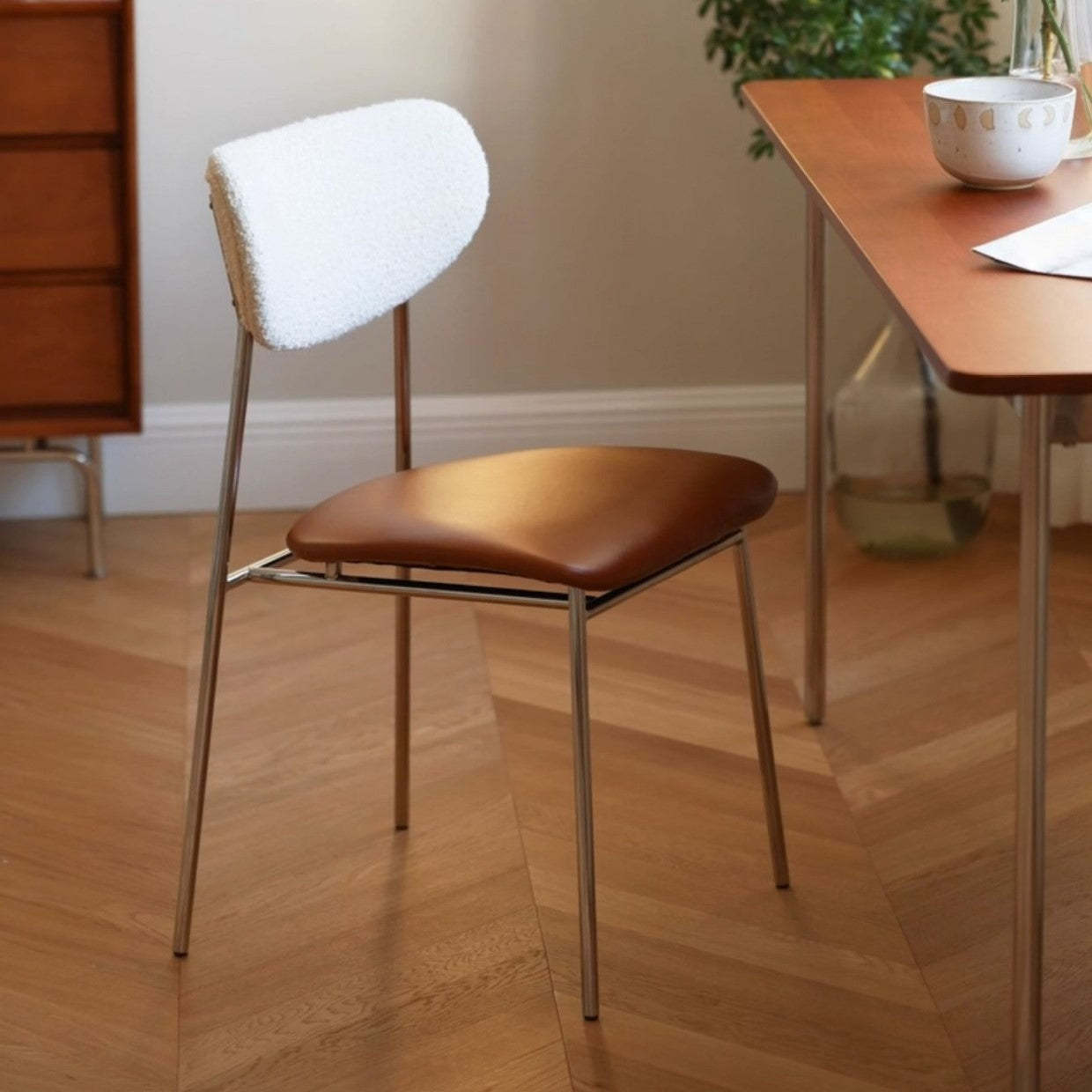 Scandinavian PU Leather Lambswool Dining Chair — Black Seat + White Backrest