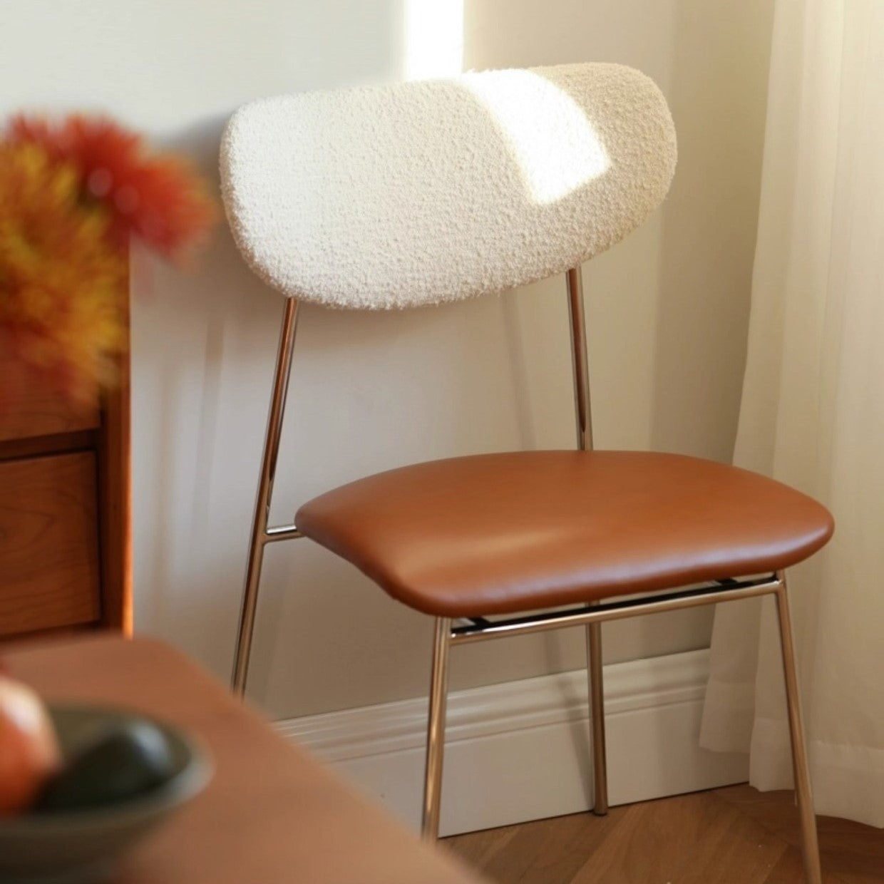 Scandinavian PU Leather Lambswool Dining Chair