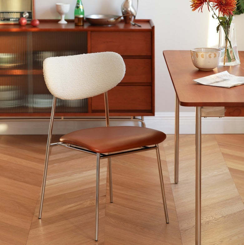 Scandinavian PU Leather Lambswool Dining Chair — Brown Seat + White Backrest