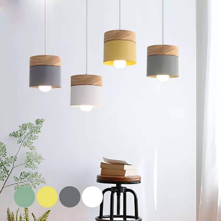 Modern Macaron Cylinder Wooden Top Pendant Light