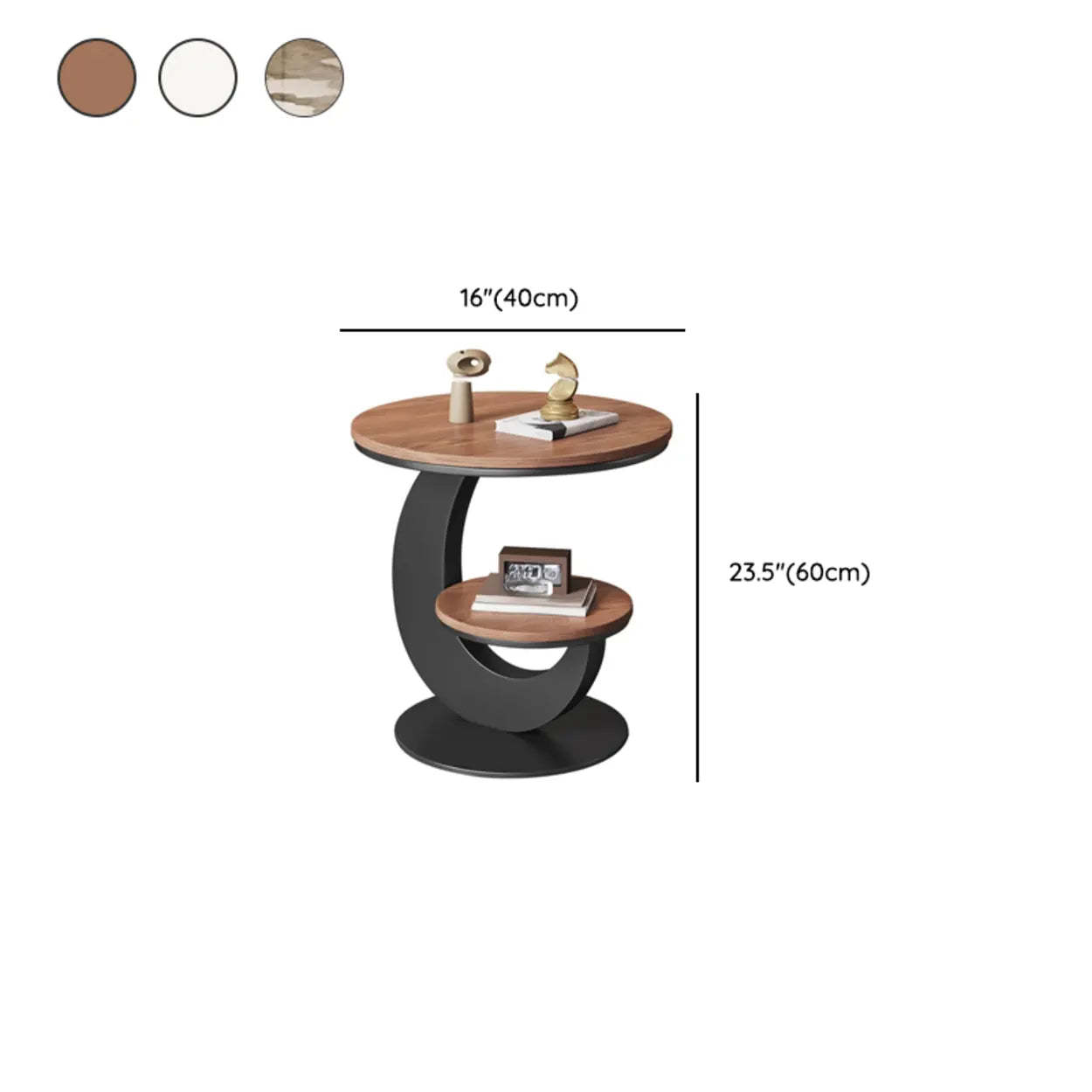 Modern Round Wood Pedestal Side Table with Shelves — Beige / Walnut