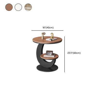 Modern Round Wood Pedestal Side Table with Shelves — Beige / Walnut