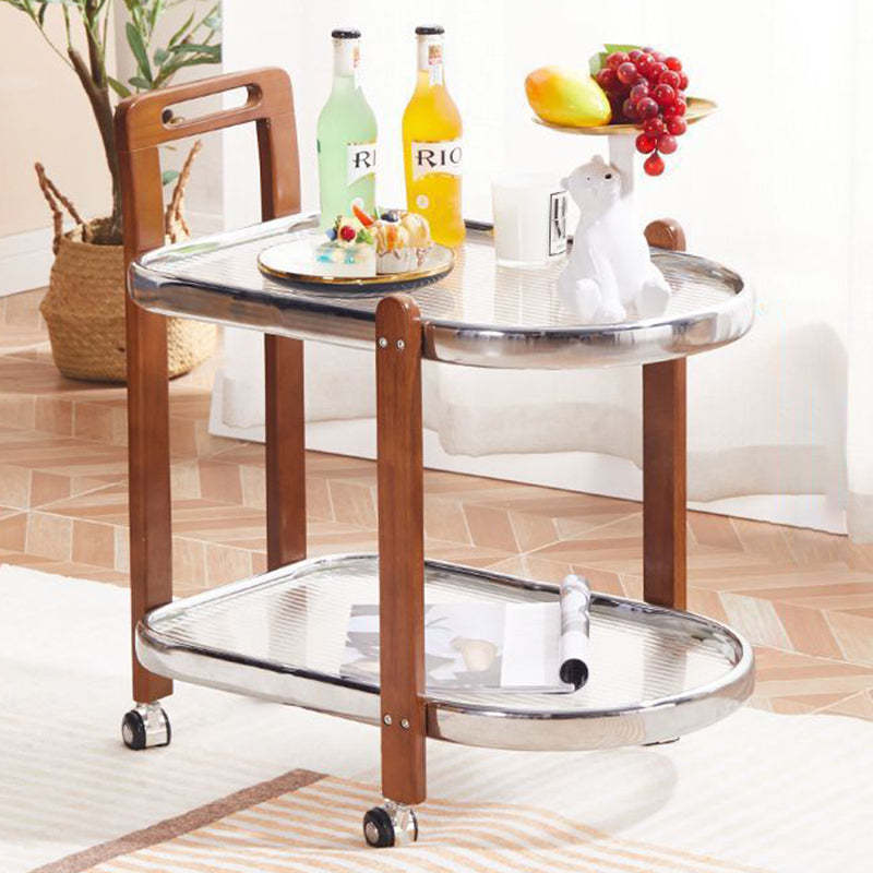 Japanese Oval Wood Steel Glass 2-Tier End Table