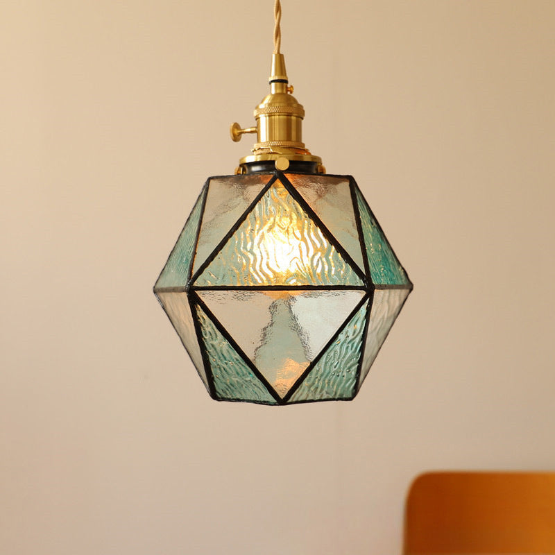Vintage Polygonal Brass Stained Glass Pendant Light