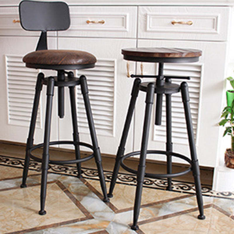 Vintage Round Wood Iron Bar Stool — Padded + With Backrest