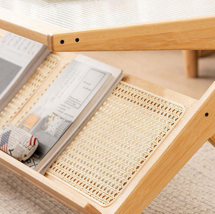 Japanese Z-Shape Wood Glass Rattan Coffee Table