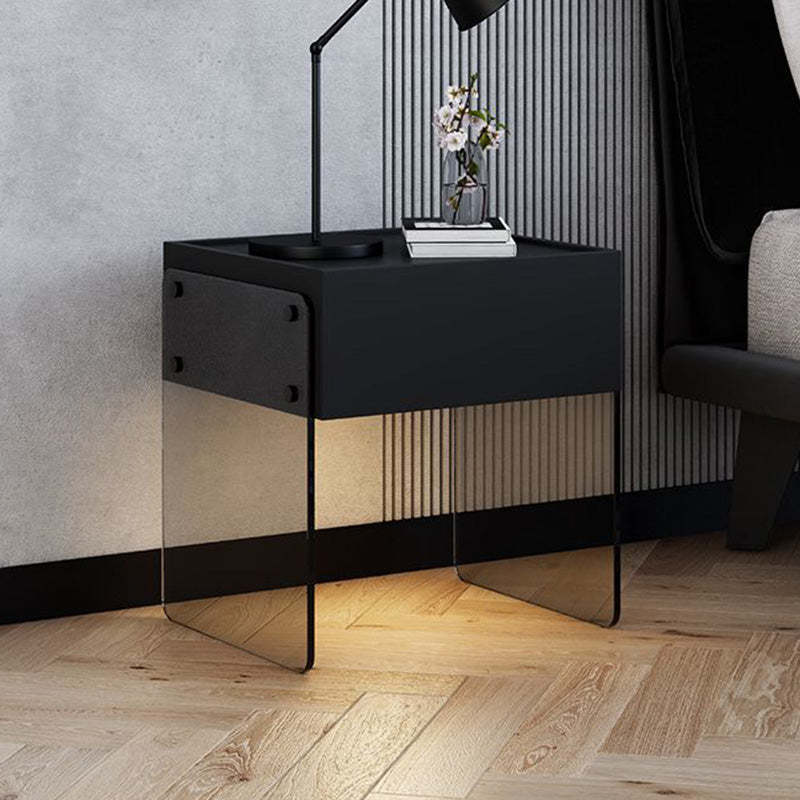 Minimalist Wood Plank Glass 1-Drawer Nightstand