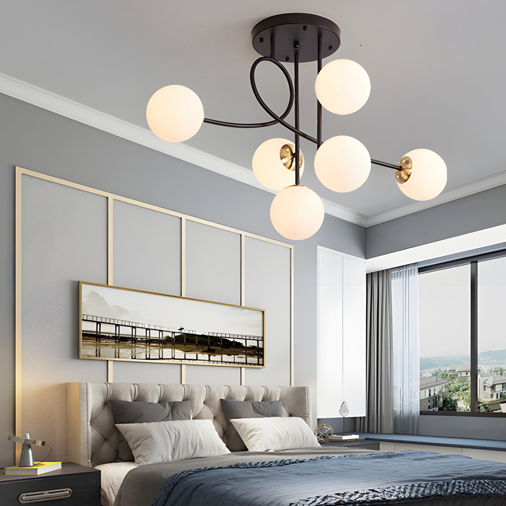 Gold Black Semi-Flush Chandelier with Glass Shade