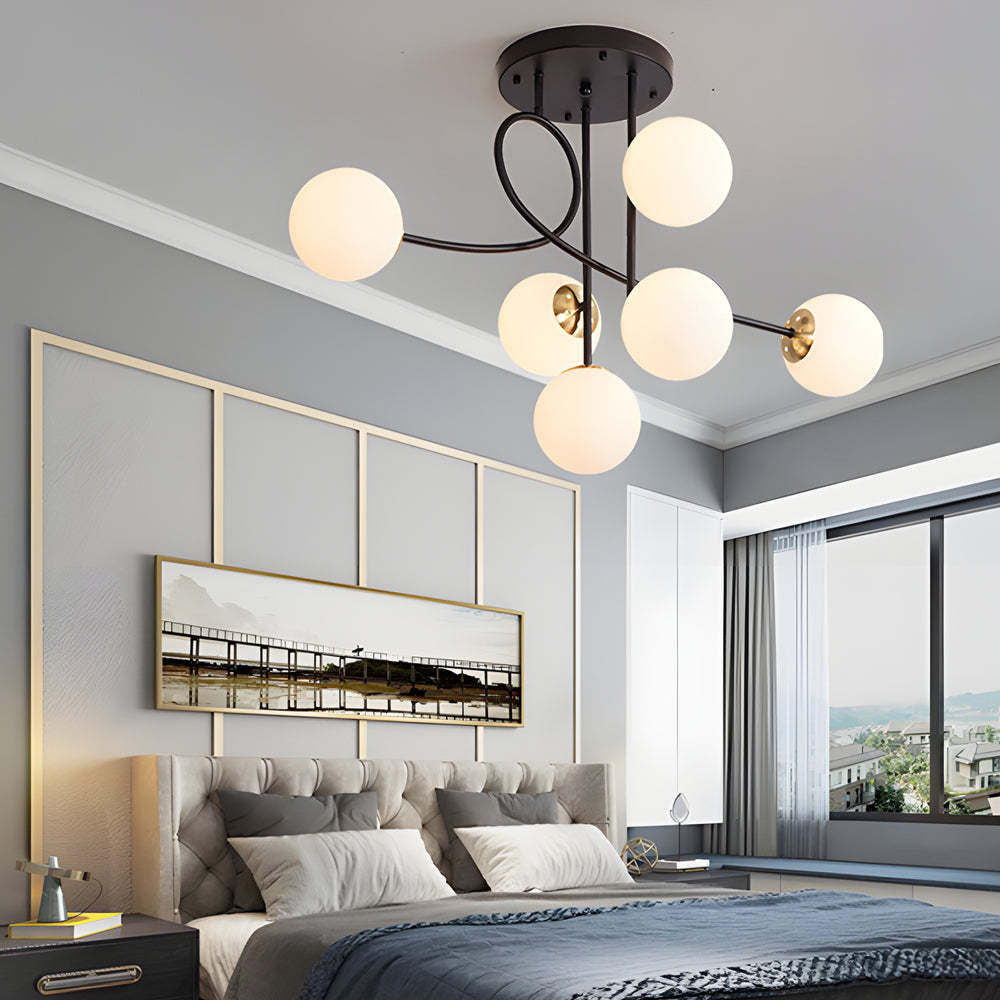 Gold Black Semi-Flush Chandelier with Glass Shade