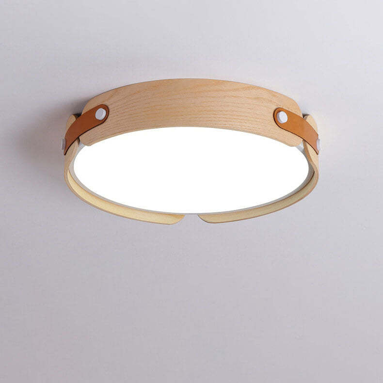 Minimalist Solid Wood Round Leather LED Flush Light