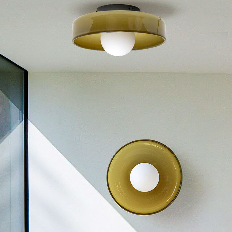 Scandinavian Modern Round Plate Iron Glass Sconce — Yellow / 110V-120V For US/CA