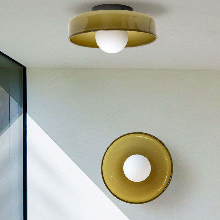 Scandinavian Modern Round Plate Iron Glass Sconce — Yellow / 110V-120V For US/CA