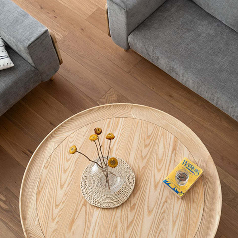 Nordic Round Wood Rattan 2-Tier Coffee Table