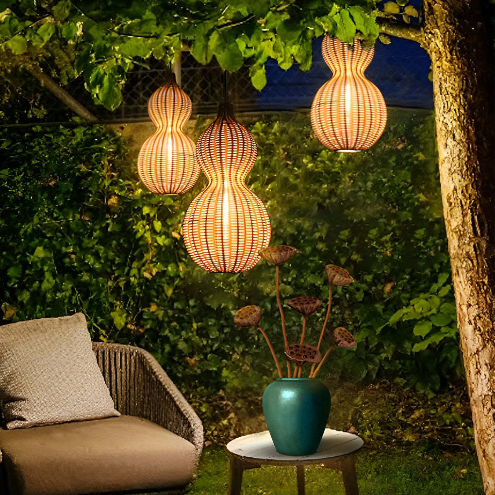 Woven Rattan Gourd Hanging Lamp Outdoor Pendant Light for Patio-Lighom
