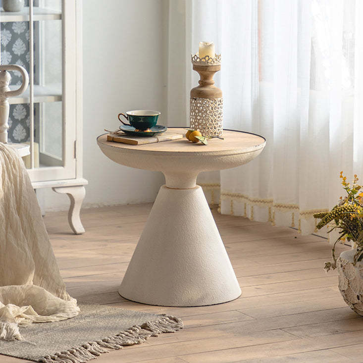 Vintage Round Cone Iron Wood Coffee Table — Beige