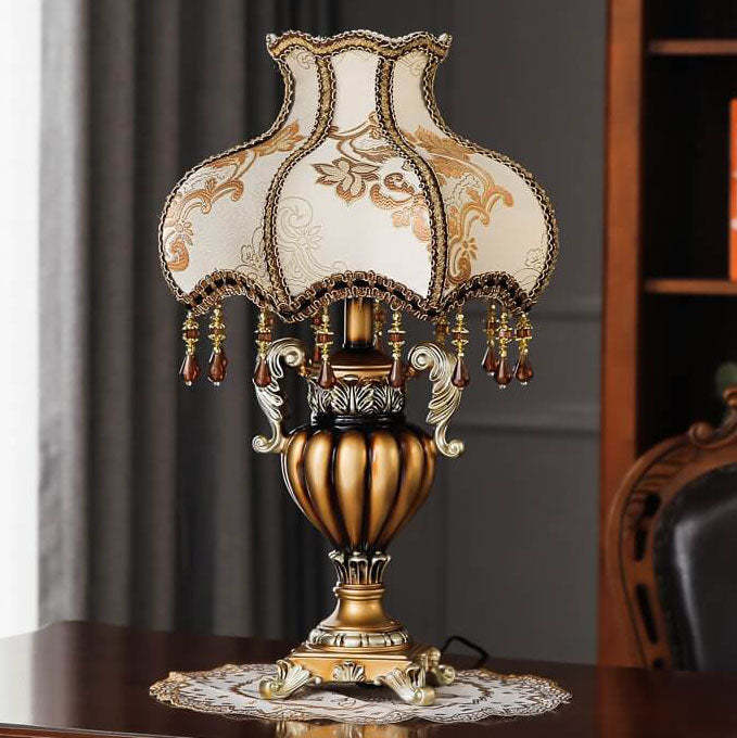 European Vintage Fabric Beaded Resin Base Palace Table Lamp — Push Button Switch / 110V-120V For US/CA