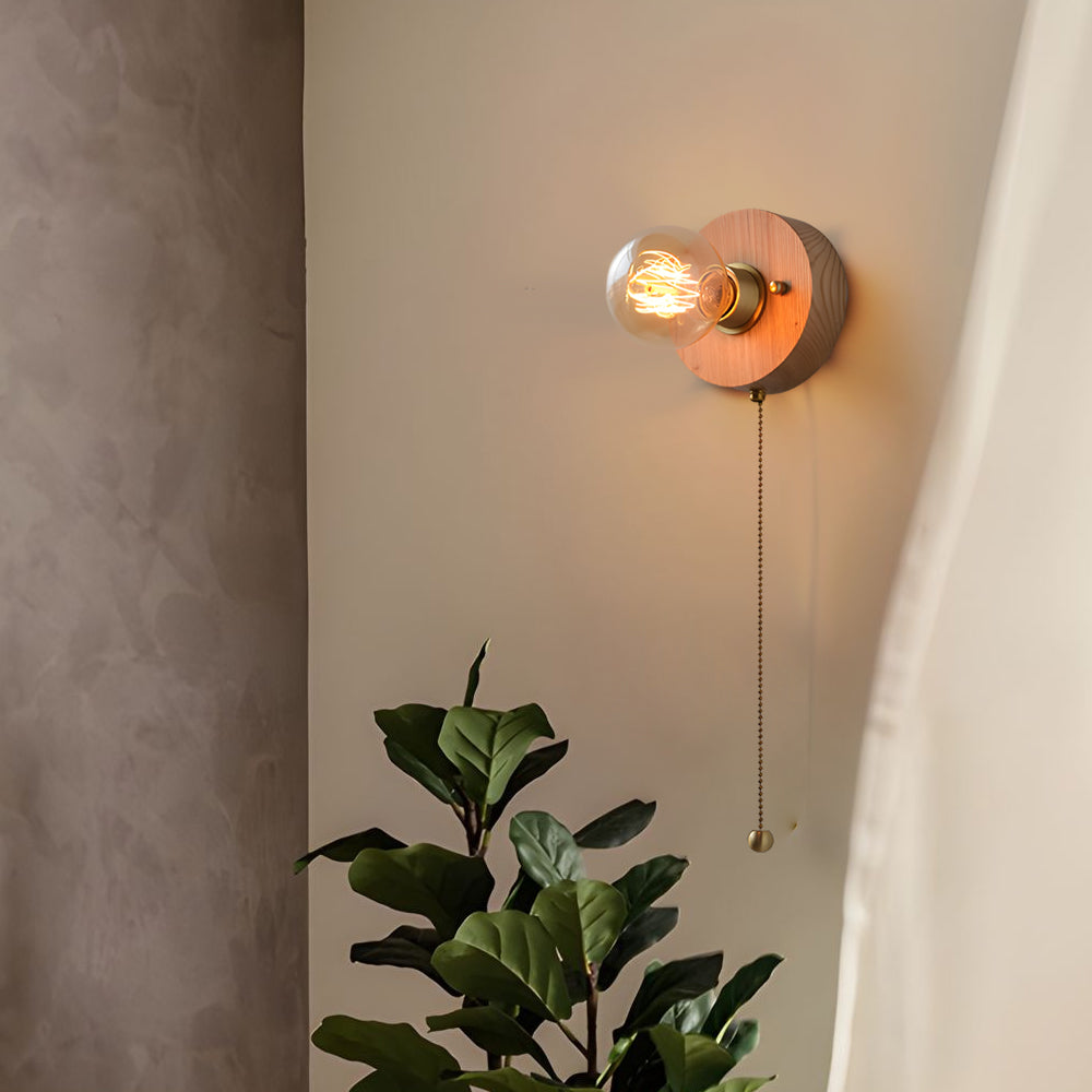 Round/Square Vintage Walnut Wood Wall Lamp 1-light with Pull Chain Switch-Lighom