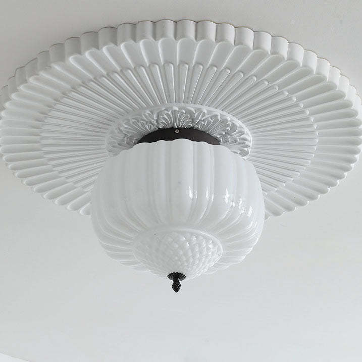 Art Deco Iron Pumpkin Glass 3-Light Flush Ceiling Light