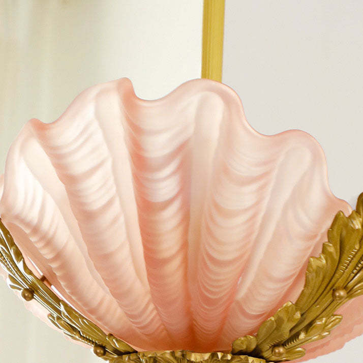 French Shell Brass Glass Chandelier