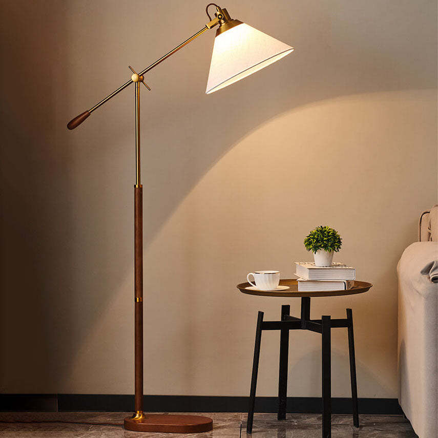 Nordic Vintage Fabric Cone Metal Ash Wood Floor Lamp — Black Walnut + White Shade / 220V-240V For UK/AU