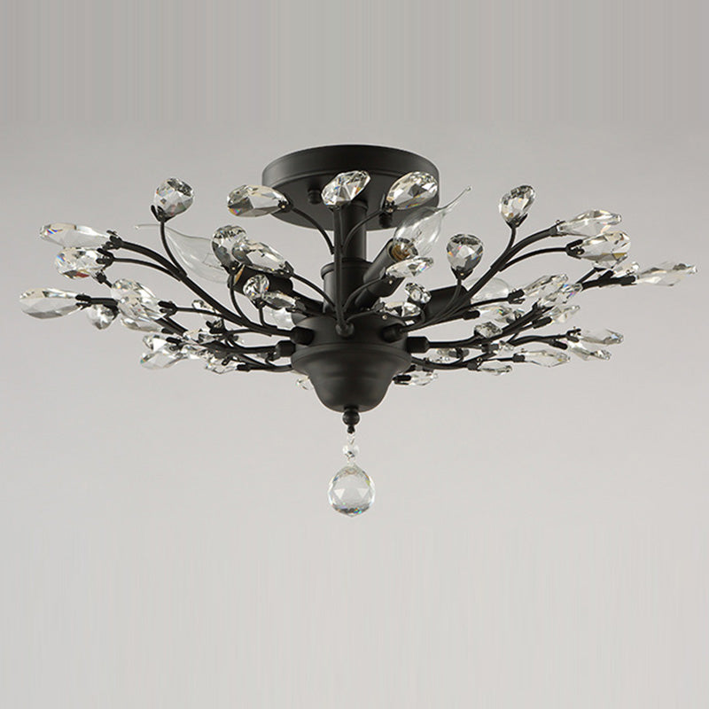 European Branch Iron Crystal Semi-Flush Ceiling Light