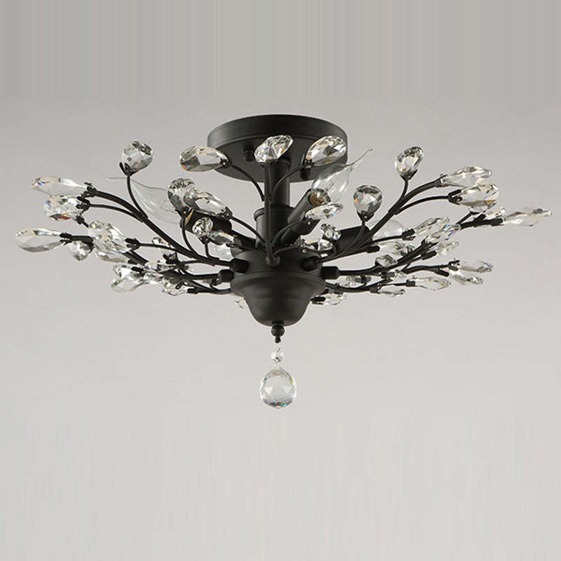 European Branch Iron Crystal Semi-Flush Ceiling Light