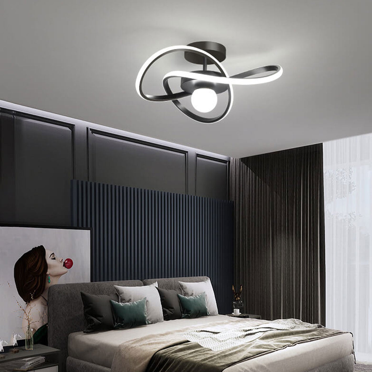 Nordic Modern Streamer Surround LED Semi-Flush Mount Light — Infinitely Dimmable / Black