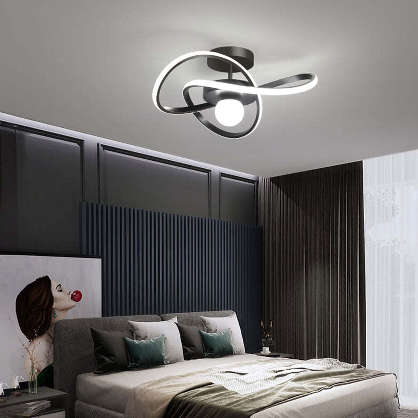 Nordic Modern Streamer Surround LED Semi-Flush Mount Light — Infinitely Dimmable / Black
