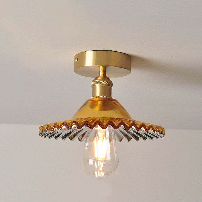 Japanese Vintage Brass Lotus Glass Semi-Flush Ceiling Light