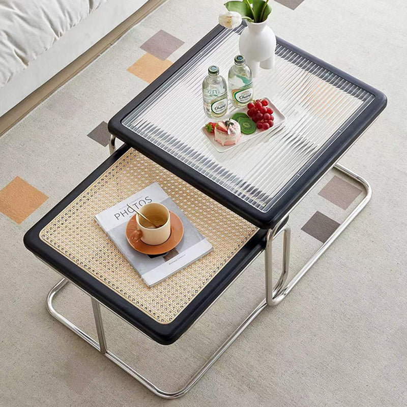 Nordic Square Glass Rattan Nesting Coffee Table