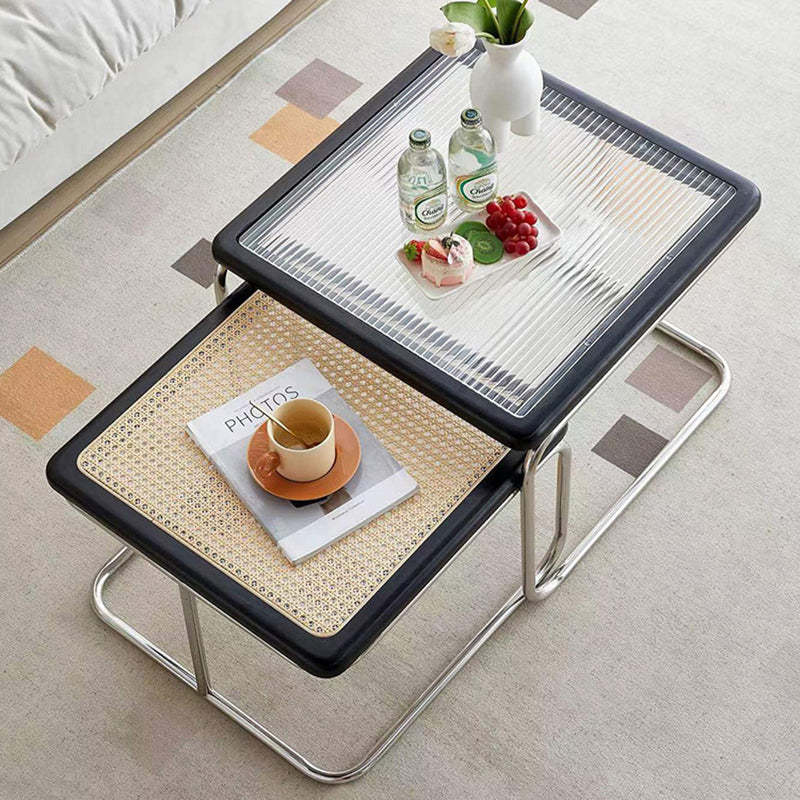 Nordic Square Glass Rattan Nesting Coffee Table