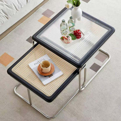 Nordic Square Glass Rattan Nesting Coffee Table