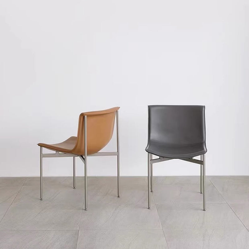 Minimalist Leather Stainless Steel Square Dining Chair — Brown