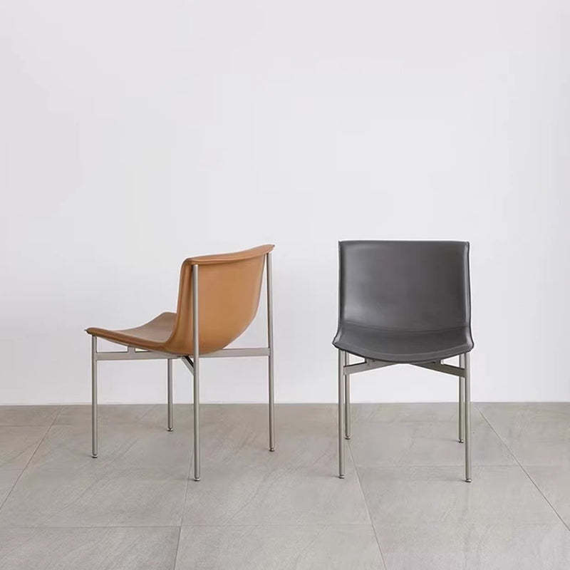 Minimalist Leather Stainless Steel Square Dining Chair — Brown