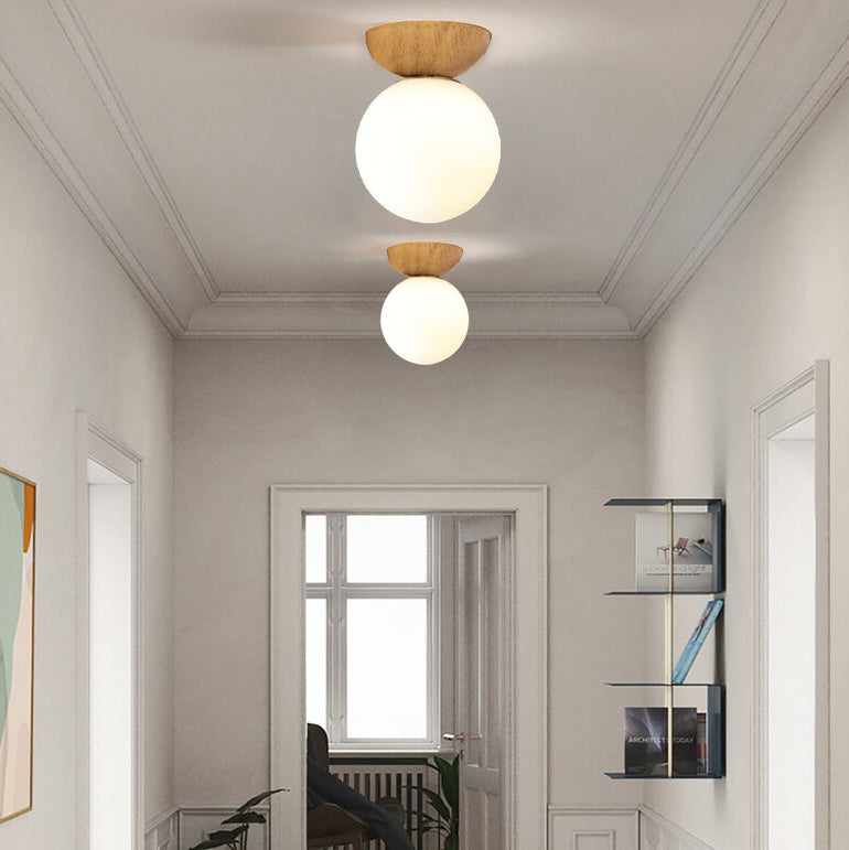Nordic Japanese Glass Orb Wood Iron Ceiling Light