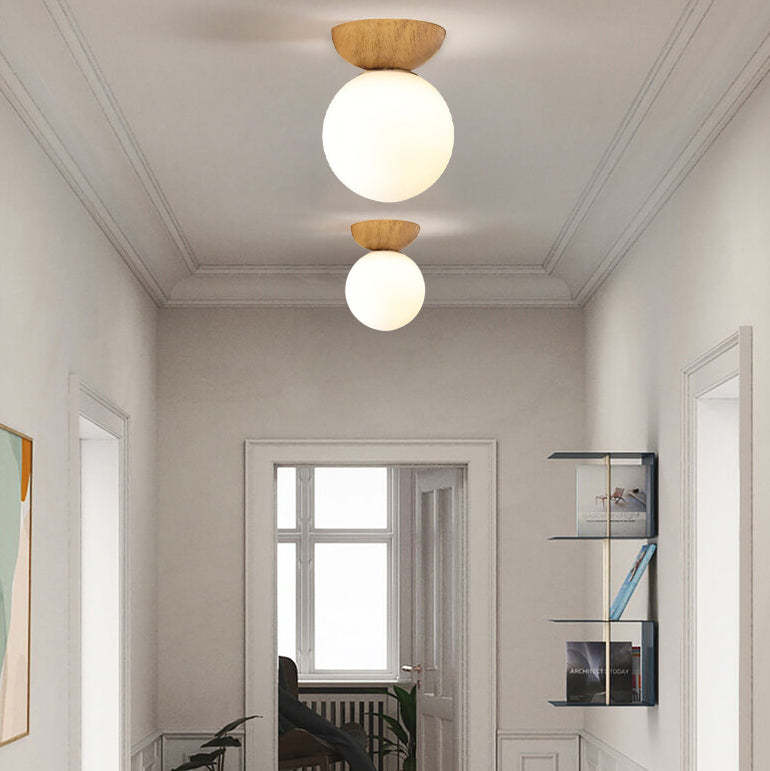 Nordic Japanese Glass Orb Wood Iron Ceiling Light