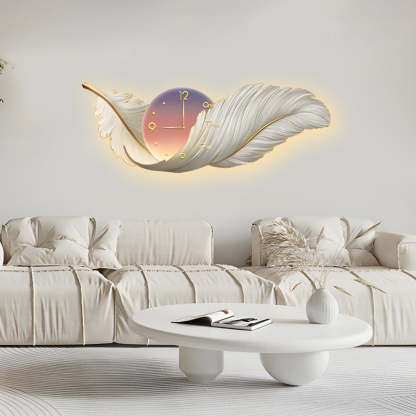 2-In-1 Wall Feather Painting Hanging Decor LED Wall Lamp Wall Clock-Lighom