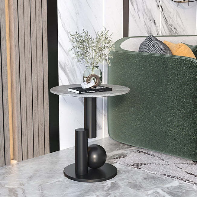 Luxury Rock Slab Geometric Base End Table — White Rock Slabs + Gold Base