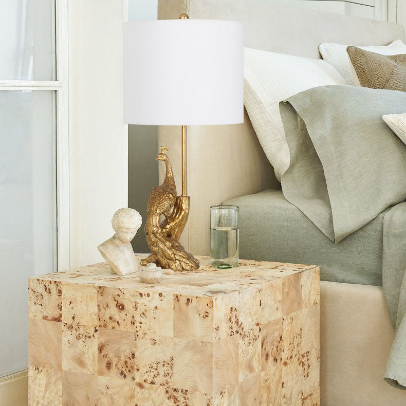 Vintage Cylindrical Peacock Resin Gold Fabric Lamp
